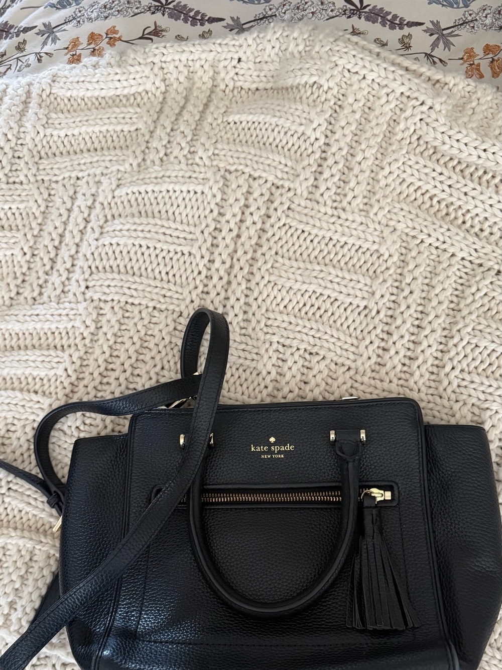 kate spade Black Pebbled Leather Satchel with Tassel